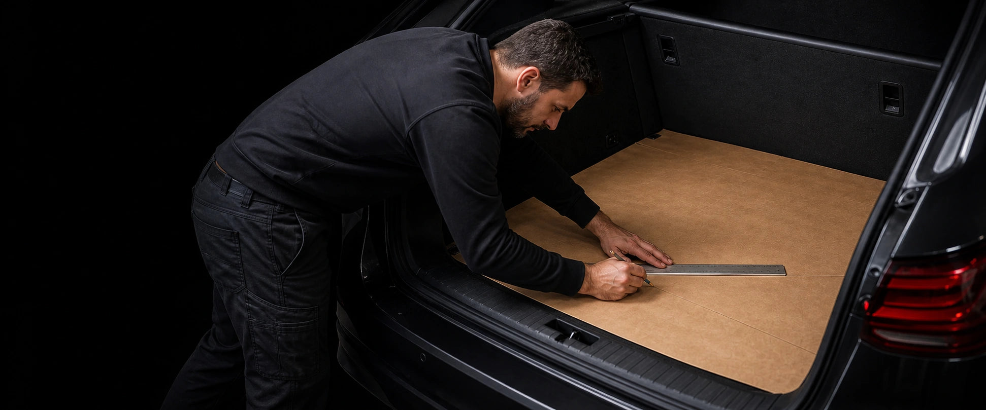 Carvion specialist measuring a kraft-paper vehicle floor template